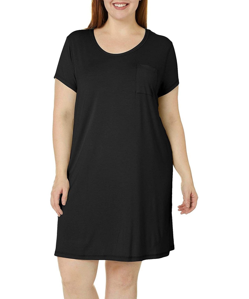 Nightgowns & Sleepshirts Cool Girl Plus Solid Pocket Short Sleeve T-Shirt Nightgown - Black - C6193ZHIMM8