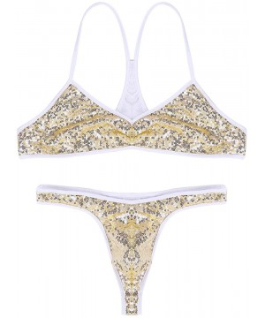 Bikinis Men's Lingerie Set 2 Piece Sexy Sequins Bras Bikini Sets Sissy Thong Briefs Underwear Nightwear - Gold - CP18O75R70L