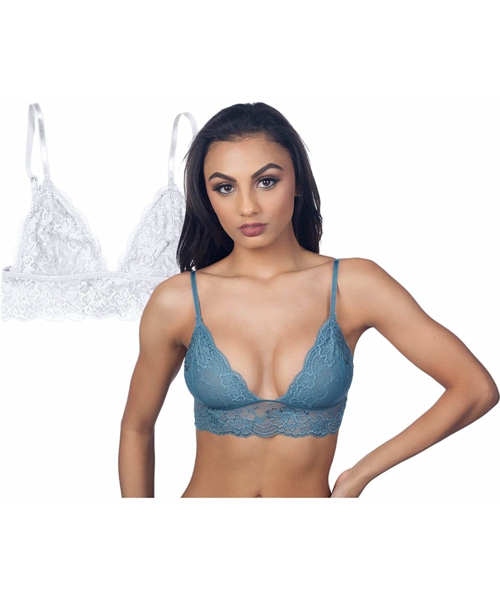 Bras Women's Full Lace Bralette with Hook Clasp - 2 Pack Lt Teal/White - CS12EO4ECZN