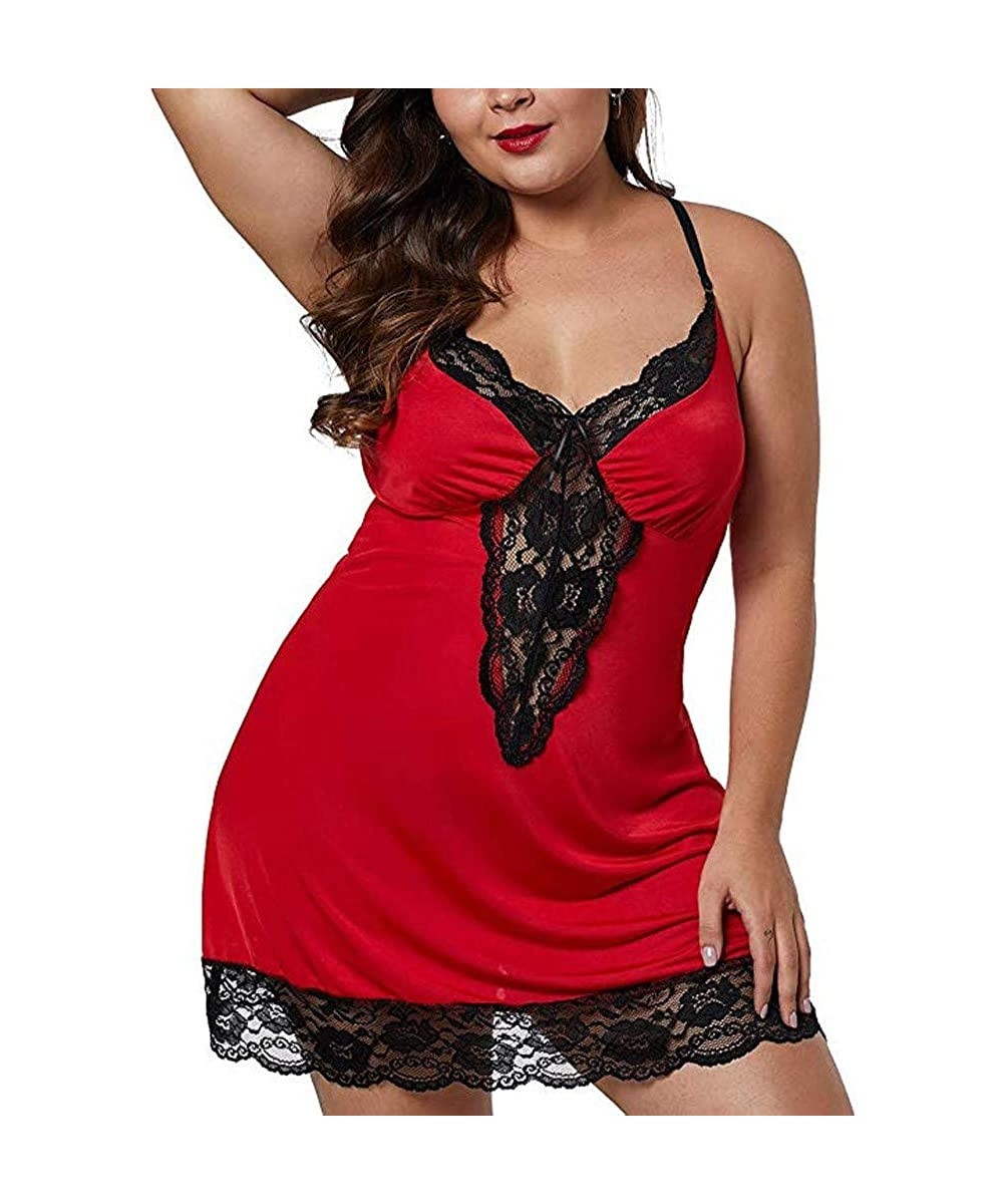 Baby Dolls & Chemises Women Plus Size Babydoll Lingerie Back Crisscross Lace Trim Chemise Halter Sleepwear - Red - CD18A8UQ3N4