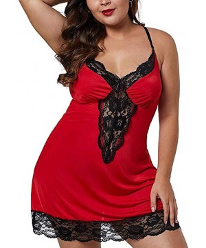 Baby Dolls & Chemises Women Plus Size Babydoll Lingerie Back Crisscross Lace Trim Chemise Halter Sleepwear - Red - CD18A8UQ3N4