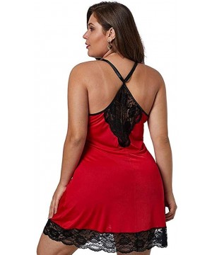 Baby Dolls & Chemises Women Plus Size Babydoll Lingerie Back Crisscross Lace Trim Chemise Halter Sleepwear - Red - CD18A8UQ3N4