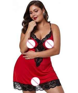 Baby Dolls & Chemises Women Plus Size Babydoll Lingerie Back Crisscross Lace Trim Chemise Halter Sleepwear - Red - CD18A8UQ3N4