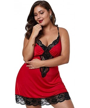 Baby Dolls & Chemises Women Plus Size Babydoll Lingerie Back Crisscross Lace Trim Chemise Halter Sleepwear - Red - CD18A8UQ3N4