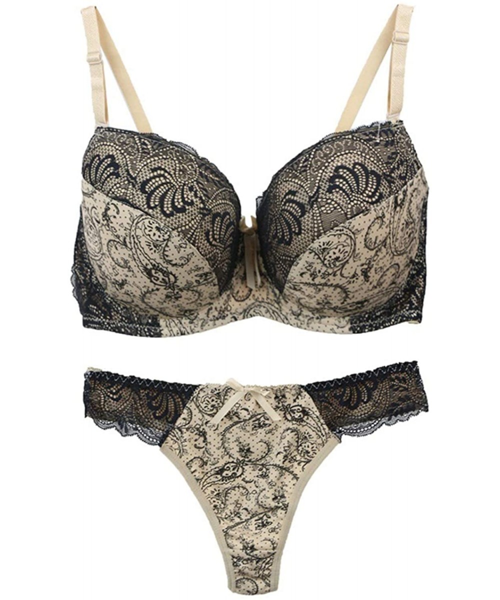 Bras Women Bra Thong Set Floral Large Size Push Up Sexy Lace Underwear Lingerie for Women Bra Tong - Beige Tong - CN18RW2227S