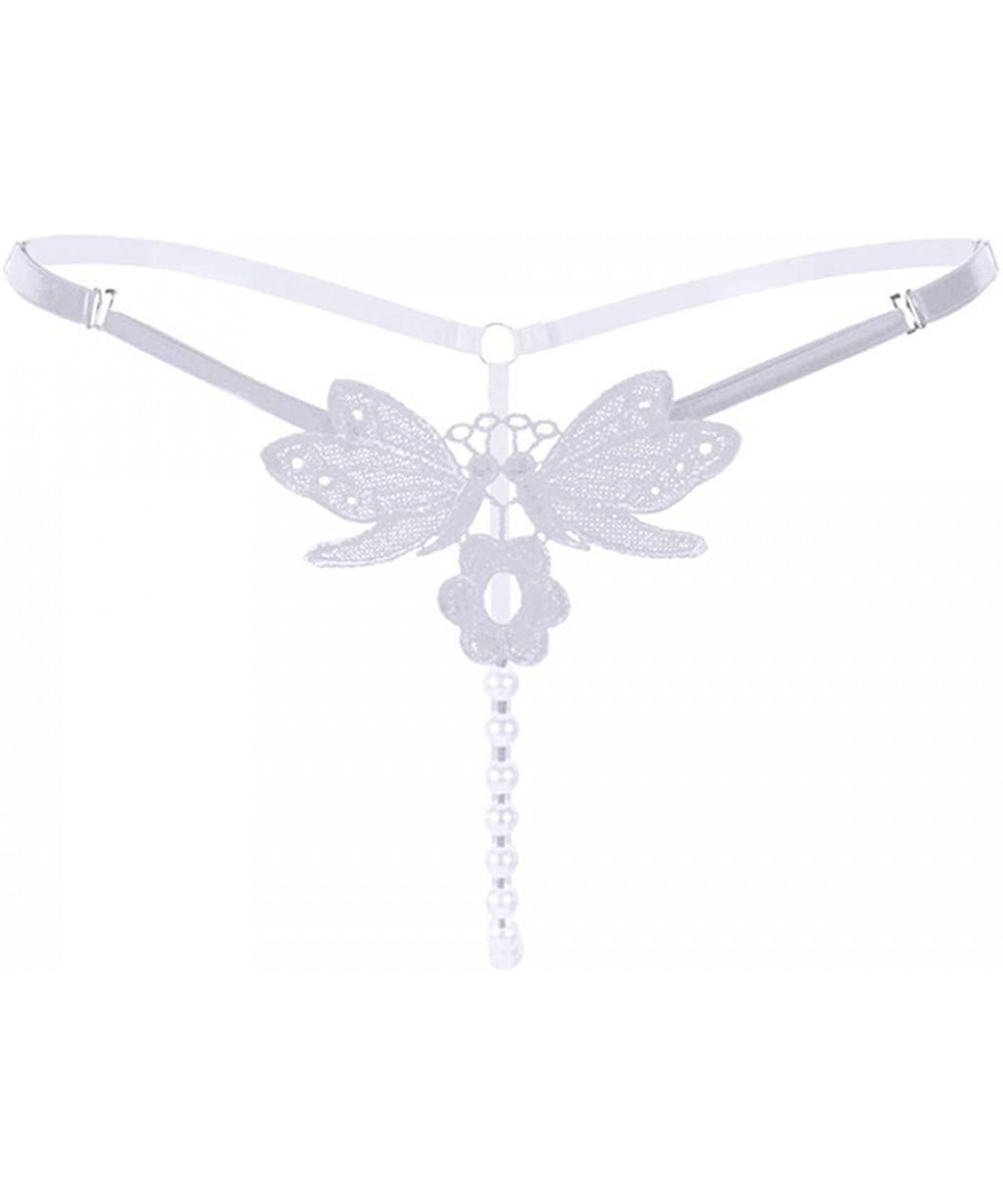 Panties Sexy Lingerie Panty Butterfly Embroidery with Pearls G-String Strappy Briefs Thongs Underwear - White - CL18NW73I83