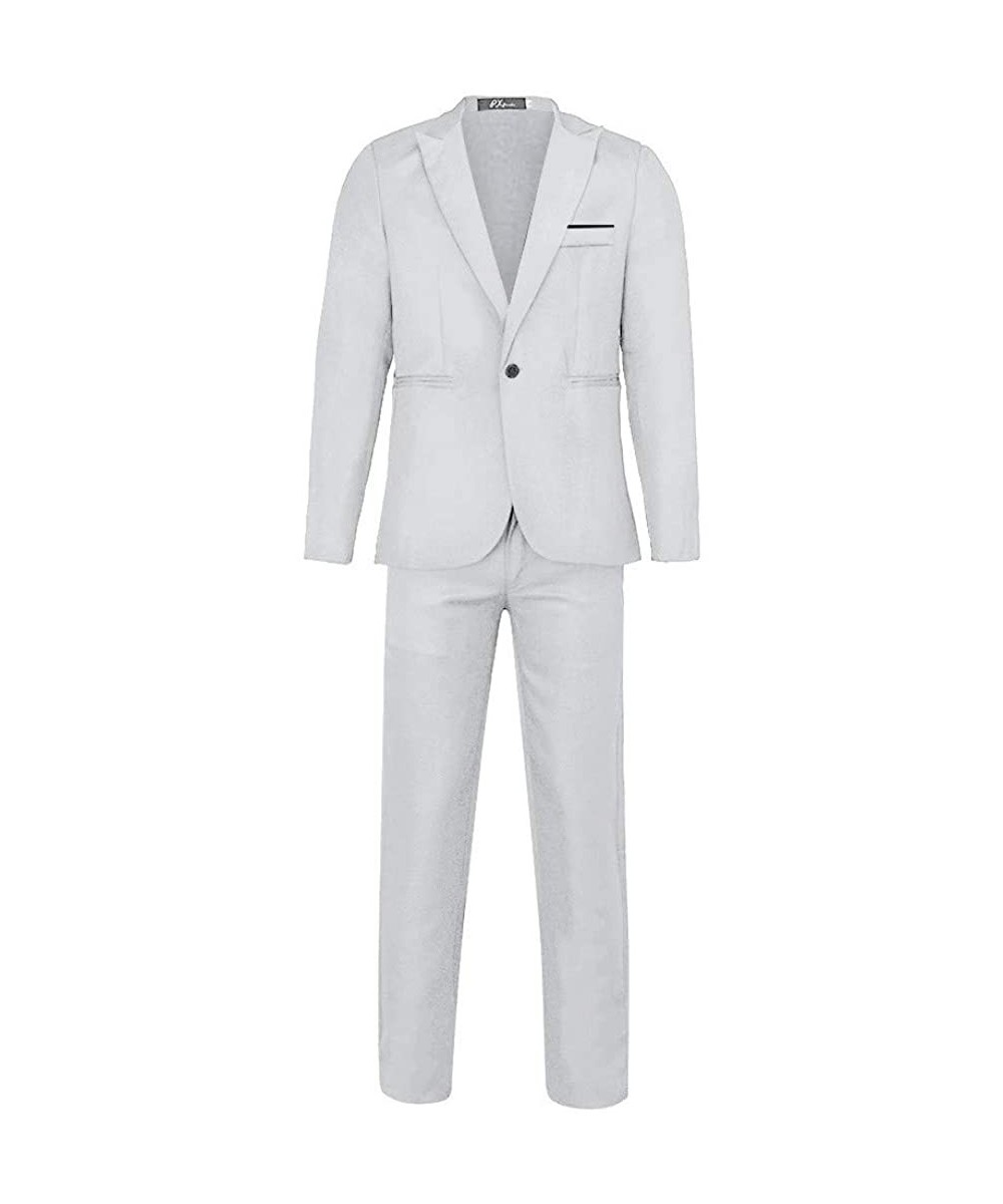 Thermal Underwear Mens Slim Button Suit Pure Color Dress Blazer Host Show Jacket Coat Pants - White - C018YNH3MC9