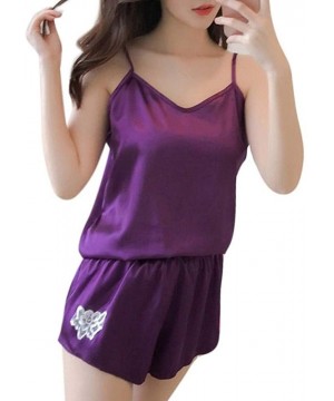 Sets Women Sexy Lace Satin Flower Sleepwear Cami Top Shorts Pajama Set Baby Dolls - Purple - CJ18R4QITU5