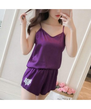 Sets Women Sexy Lace Satin Flower Sleepwear Cami Top Shorts Pajama Set Baby Dolls - Purple - CJ18R4QITU5