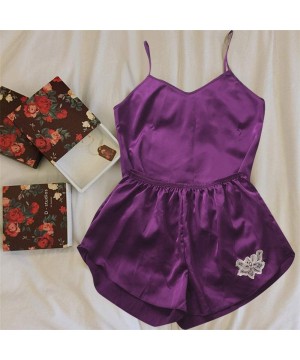 Sets Women Sexy Lace Satin Flower Sleepwear Cami Top Shorts Pajama Set Baby Dolls - Purple - CJ18R4QITU5