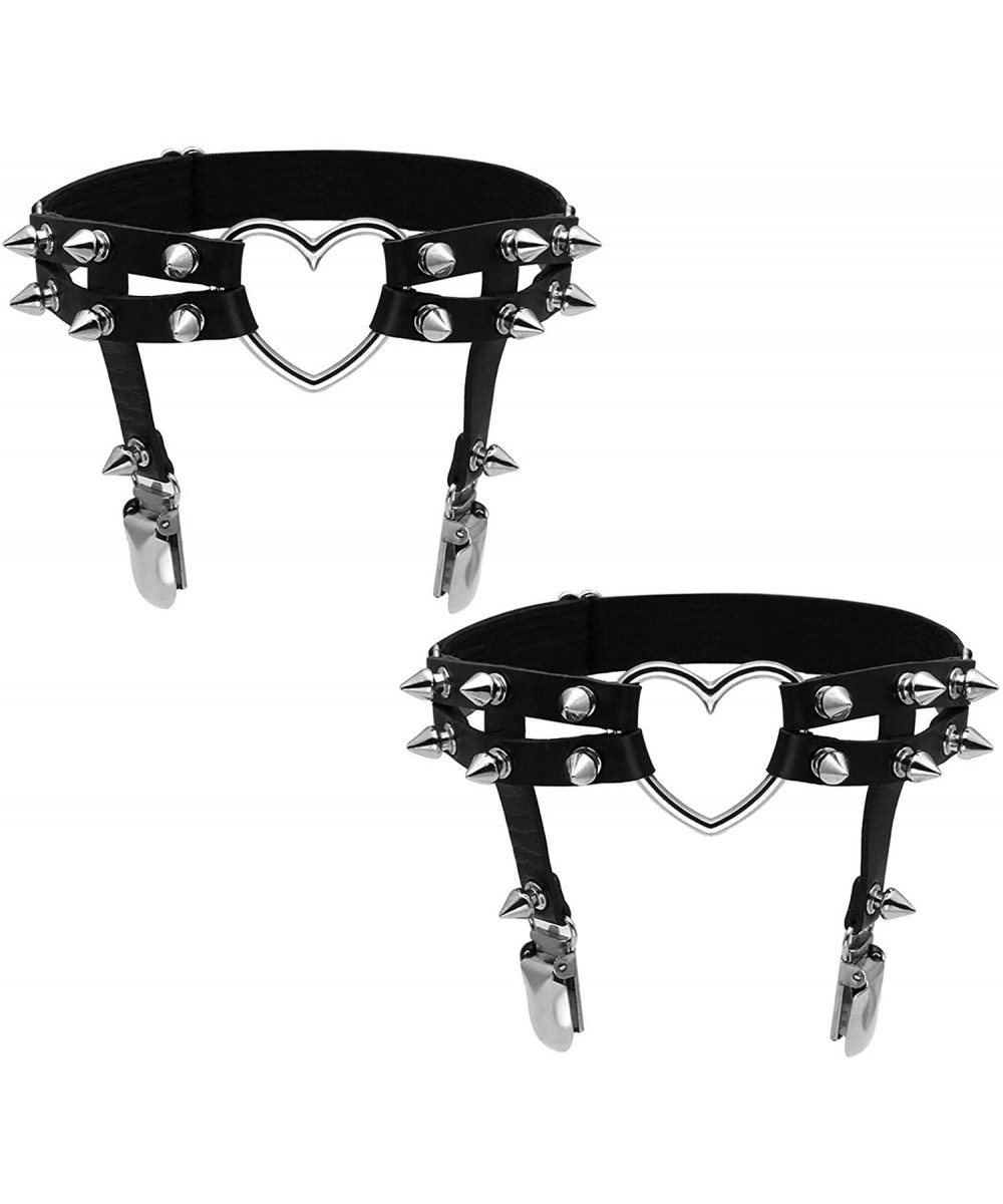 Garters & Garter Belts Adjustable Leather Leg Harness Garter Belt Punk Gothic Thigh Ring Garter - Black- Silver Spike - C218S...