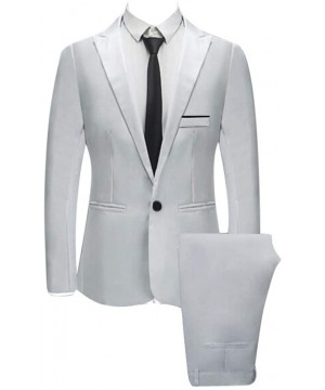 Thermal Underwear Mens Slim Button Suit Pure Color Dress Blazer Host Show Jacket Coat Pants - White - C018YNH3MC9