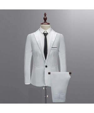 Thermal Underwear Mens Slim Button Suit Pure Color Dress Blazer Host Show Jacket Coat Pants - White - C018YNH3MC9