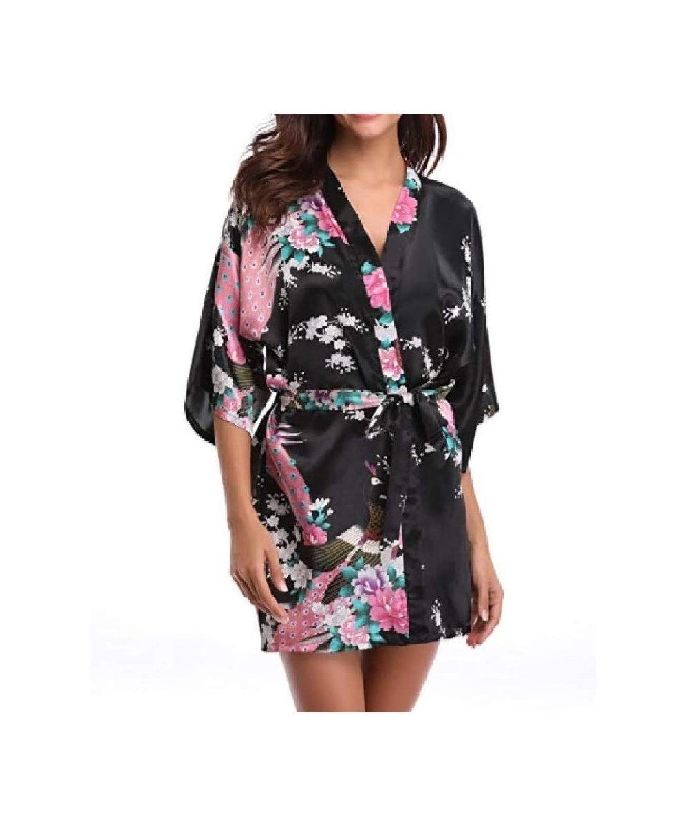 Robes Womens Nightwear Sleepwear Lounger Baggy Charmeuse Peacock Lounge Robe Black XS - Black - CY19DCXSIG5