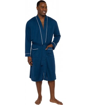 Robes Men's Lightweight Jersey Robe - Luxury Long Sleeve Summer Bathrobe w/Contrast Piping - Navy - CX18OE6OZTU