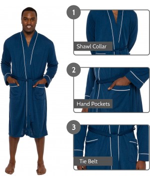 Robes Men's Lightweight Jersey Robe - Luxury Long Sleeve Summer Bathrobe w/Contrast Piping - Navy - CX18OE6OZTU