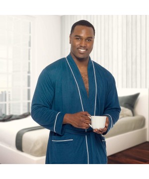 Robes Men's Lightweight Jersey Robe - Luxury Long Sleeve Summer Bathrobe w/Contrast Piping - Navy - CX18OE6OZTU