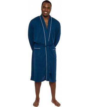 Robes Men's Lightweight Jersey Robe - Luxury Long Sleeve Summer Bathrobe w/Contrast Piping - Navy - CX18OE6OZTU