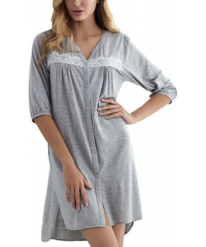 Nightgowns & Sleepshirts Womens V-Neck Lace Sleep Shirt Solid Sleepwear Button-Down Nightshirts - Light Gray - CV186480ZK8