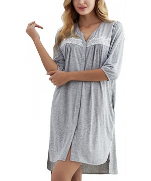 Nightgowns & Sleepshirts Womens V-Neck Lace Sleep Shirt Solid Sleepwear Button-Down Nightshirts - Light Gray - CV186480ZK8