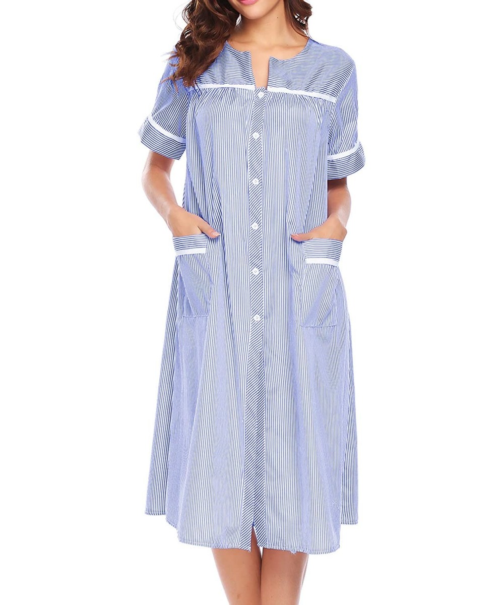 Nightgowns & Sleepshirts Women's Striped Sleepwear Button Down Duster Short Sleeve House Dress Nightgown - Blue - C51804KS8AN