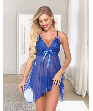 Baby Dolls & Chemises Women Sexy Lingerie Lace Babydoll Nightdress Mesh Chemise V Neck Sleepwear - Royal blue - CW1906N0SW6