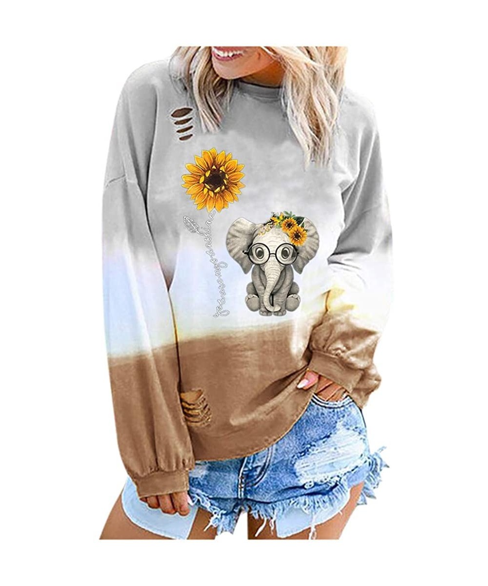 Sets Womens Long Sleeve Shirts Contrast Color Tye Dye Sweatshirt Casual Loose Print Pullover Tops Blouse Sunflower_khaki - CJ...