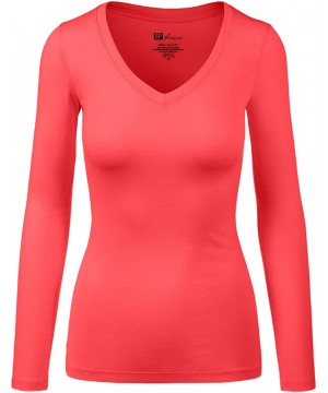 Shapewear Women's Basic Long Sleeve V Neck Tee Everyday Casual Shirts - 107-coral - CB1874A38ZT