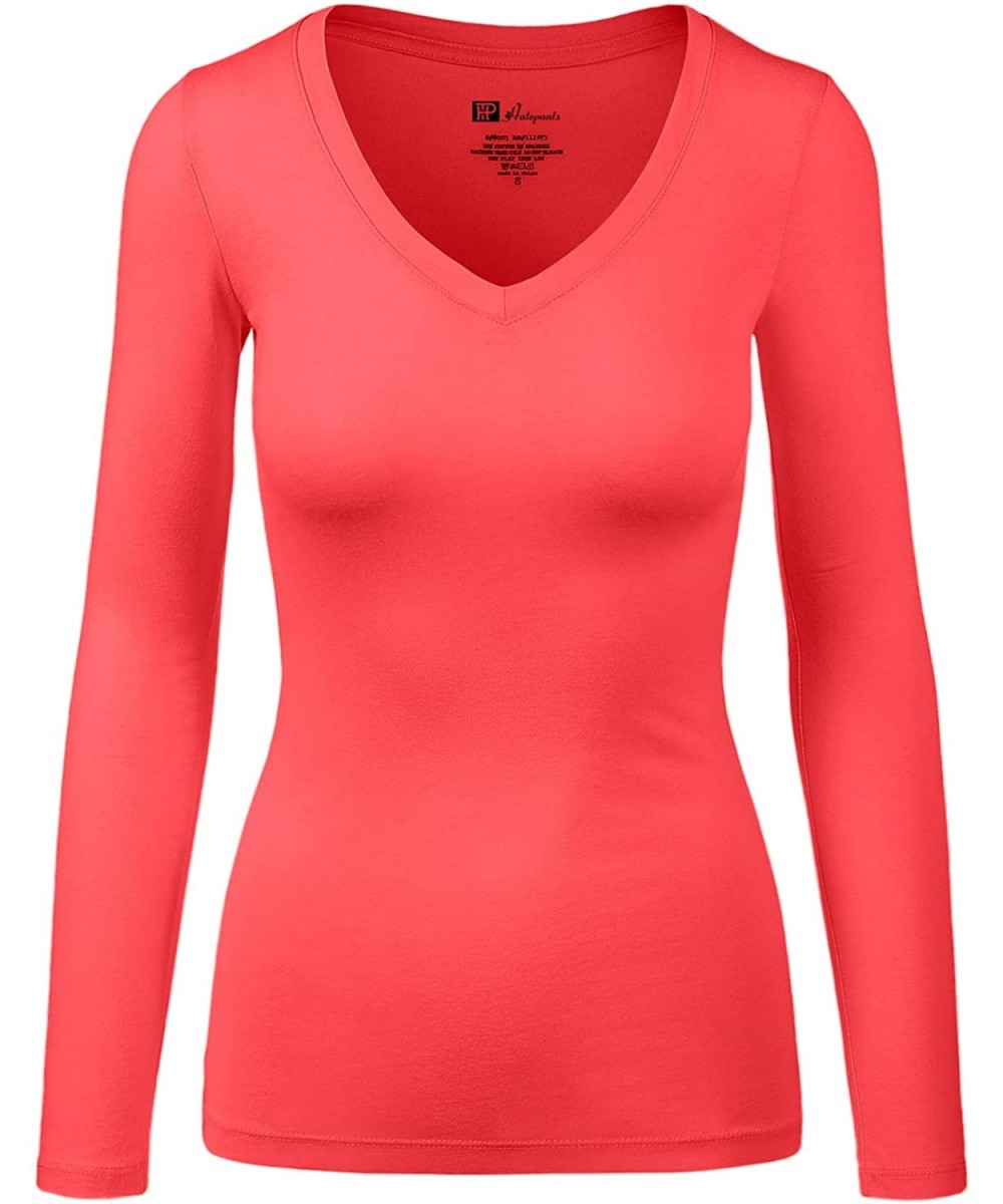 Shapewear Women's Basic Long Sleeve V Neck Tee Everyday Casual Shirts - 107-coral - CB1874A38ZT