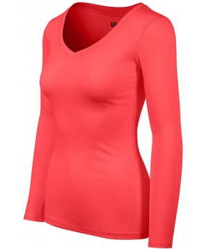 Shapewear Women's Basic Long Sleeve V Neck Tee Everyday Casual Shirts - 107-coral - CB1874A38ZT