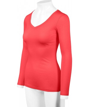 Shapewear Women's Basic Long Sleeve V Neck Tee Everyday Casual Shirts - 107-coral - CB1874A38ZT