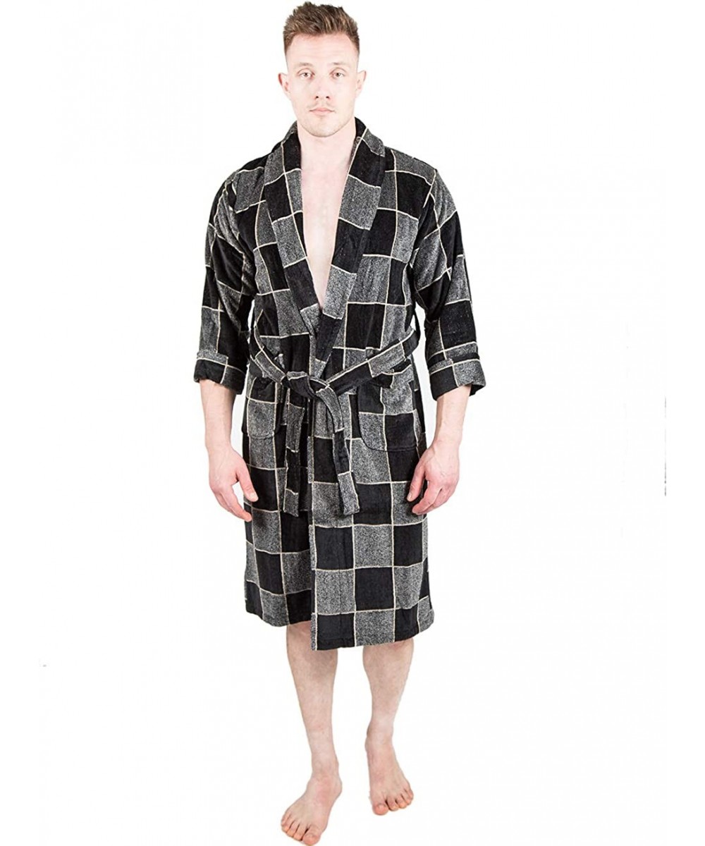 Robes Mens Bathrobe Terry Cloth Plaid Spa Robe 100% Natural Cotton - Grey 1 - CG193W7TQNM