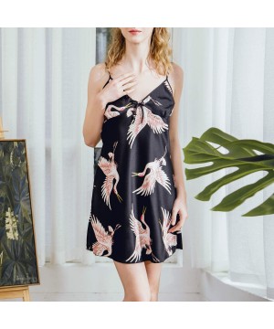 Nightgowns & Sleepshirts Women's Short Silky Nightgown Camisole V Neck Satin Luxury Crane Sleepwear Dress - Black - CK18U68XRGQ