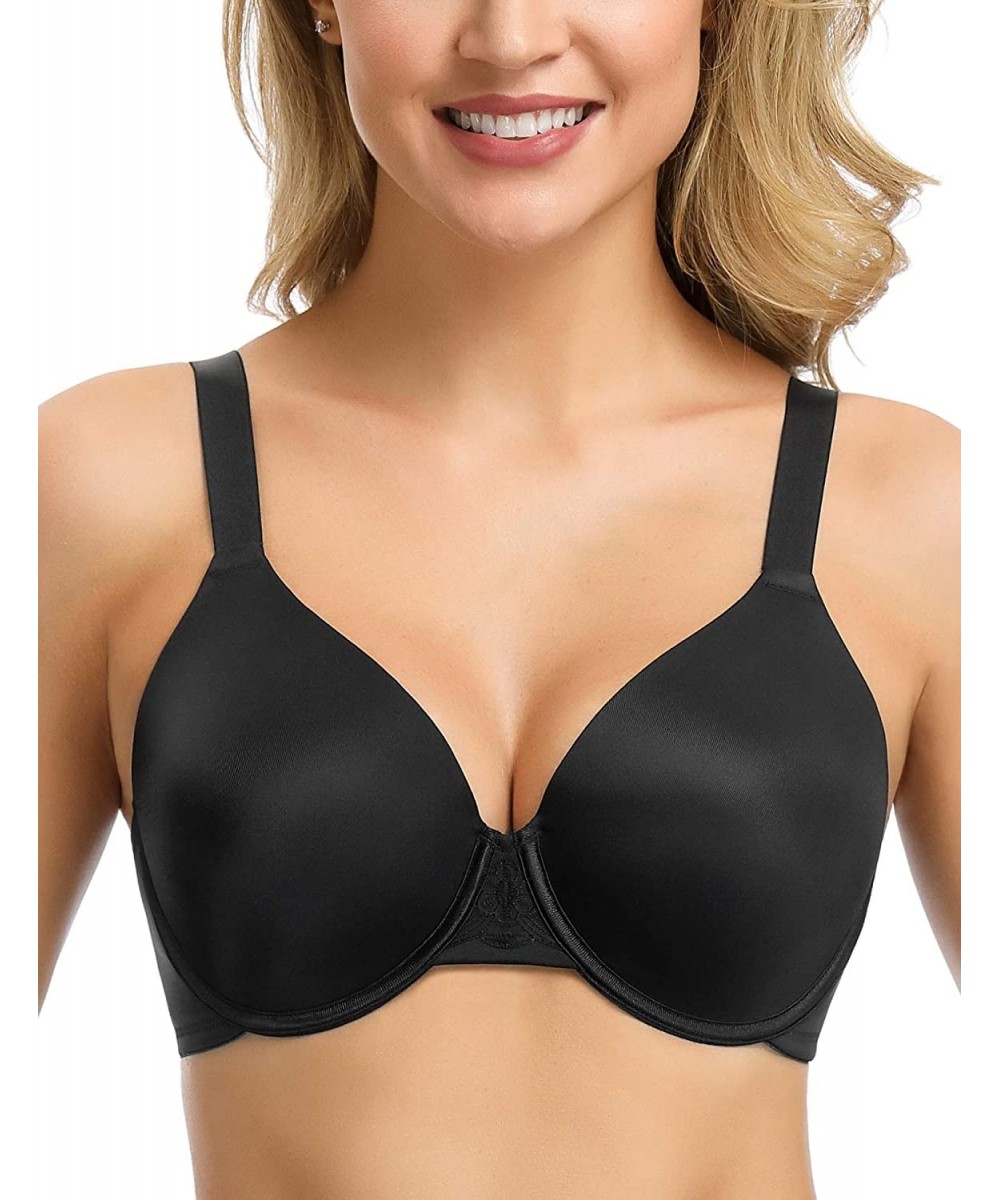 Bras Women's Plus Size Minimizer Bra Full Figure Underwire T-Shirt Bra Molded Cup - Rich Black - C518WU3ZS5D