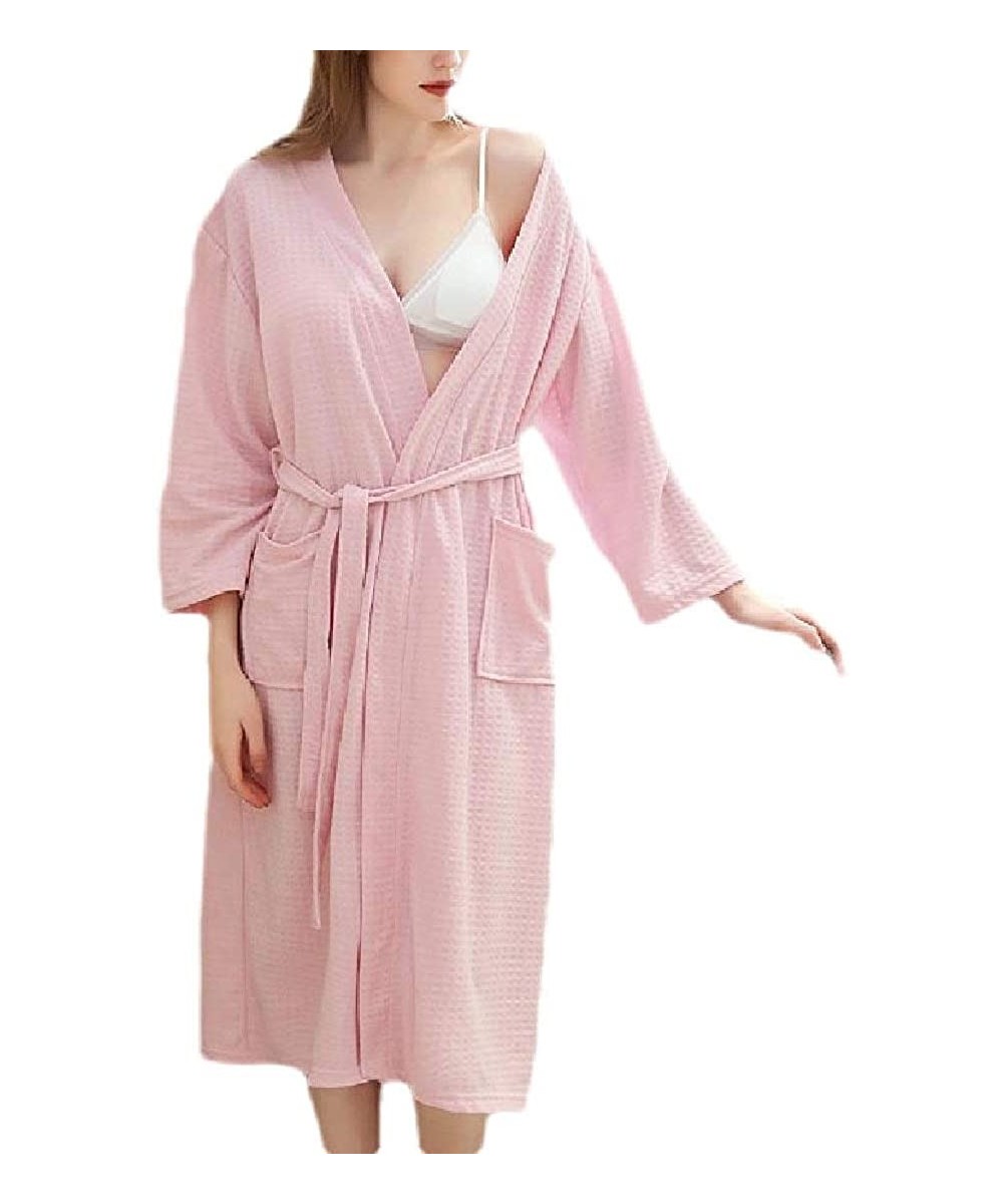 Robes Women's 3/4 Sleeve Cotton Kimono Fashion Waffle-Weave-Spa Lightweight Robes - Pink - C819DIG0ZST