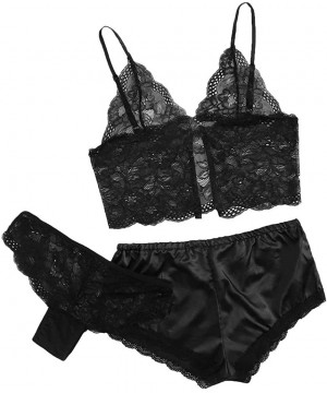 Sets 2020 New Womens Sleepwear Set Sexy Satin Cami and Shorts Lace Pajamas Nightwear 2 3 Piece Set Sleepwear E black - CZ193T...