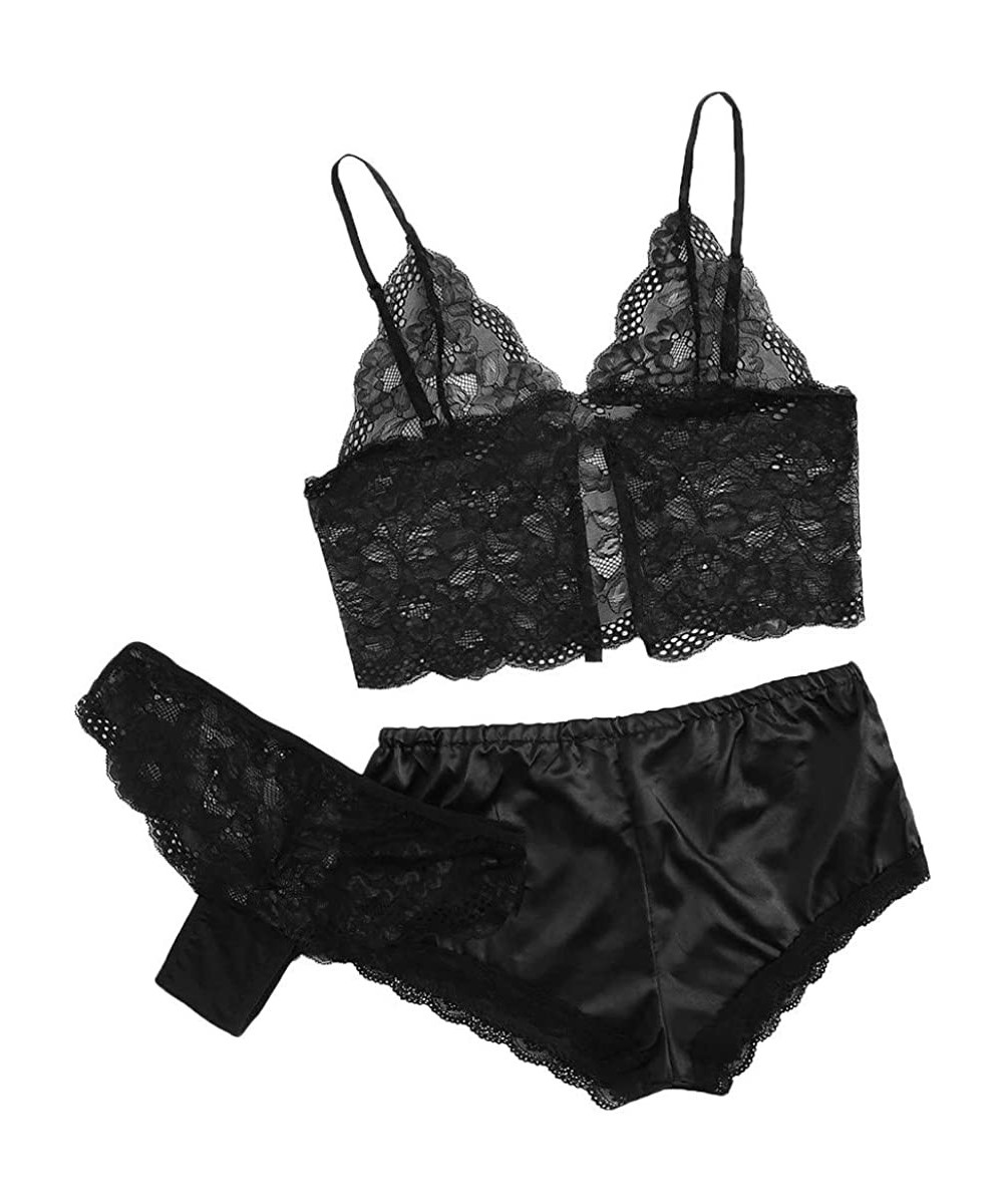 Sets 2020 New Womens Sleepwear Set Sexy Satin Cami and Shorts Lace Pajamas Nightwear 2 3 Piece Set Sleepwear E black - CZ193T...