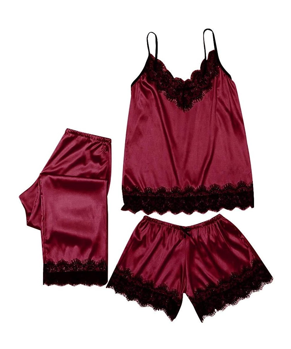 Sets 2020 New Women's Sleepwear Set Sexy Satin Cami and Shorts Lace Pajamas Nightwear 2-3 Piece Set Sleepwear - C-wine - C319...