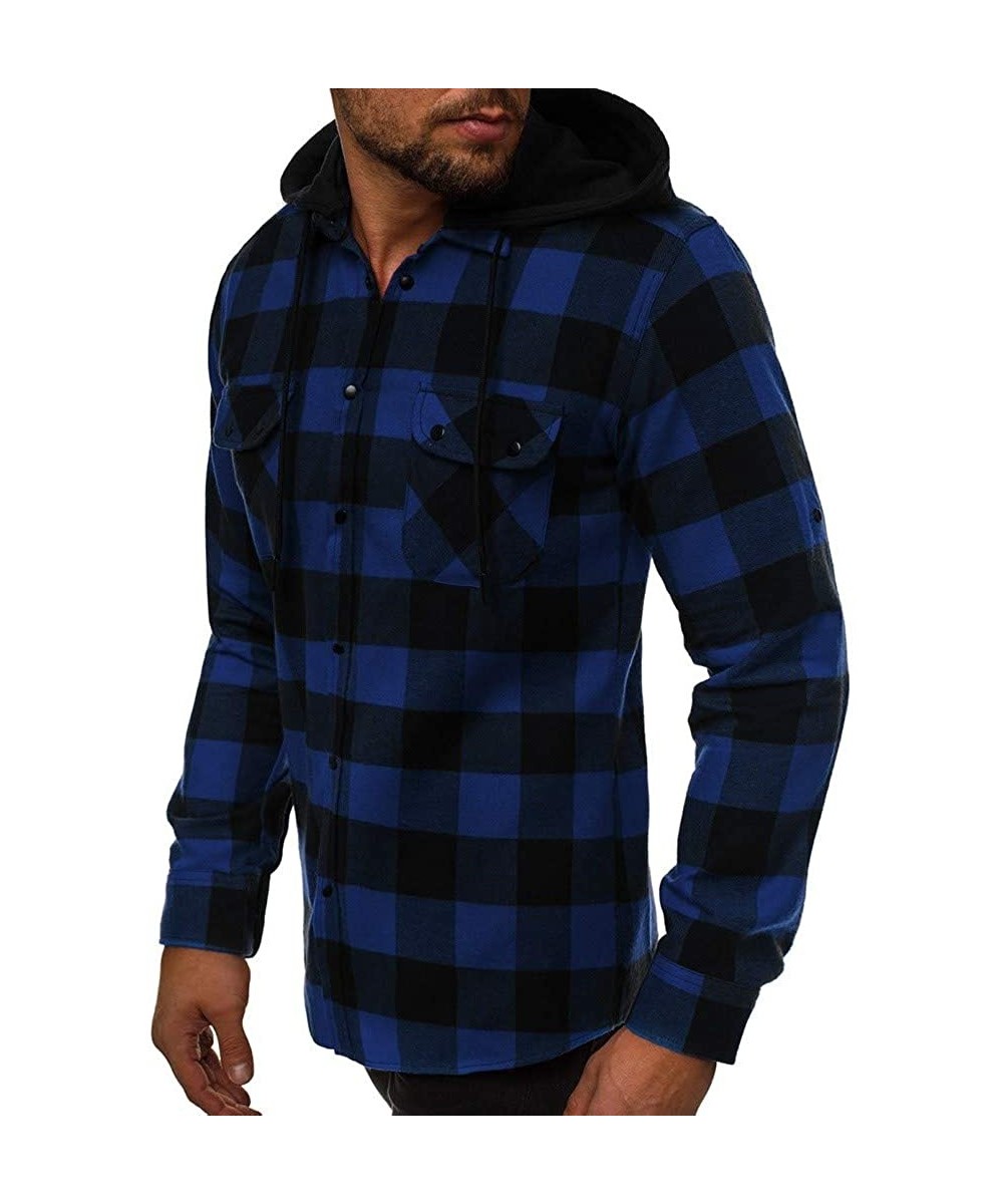 Trunks Mens Casual Fashion Plaid Long Sleeve Lapel Shirt Top Blouse - Blue2 - CU195S92DZN