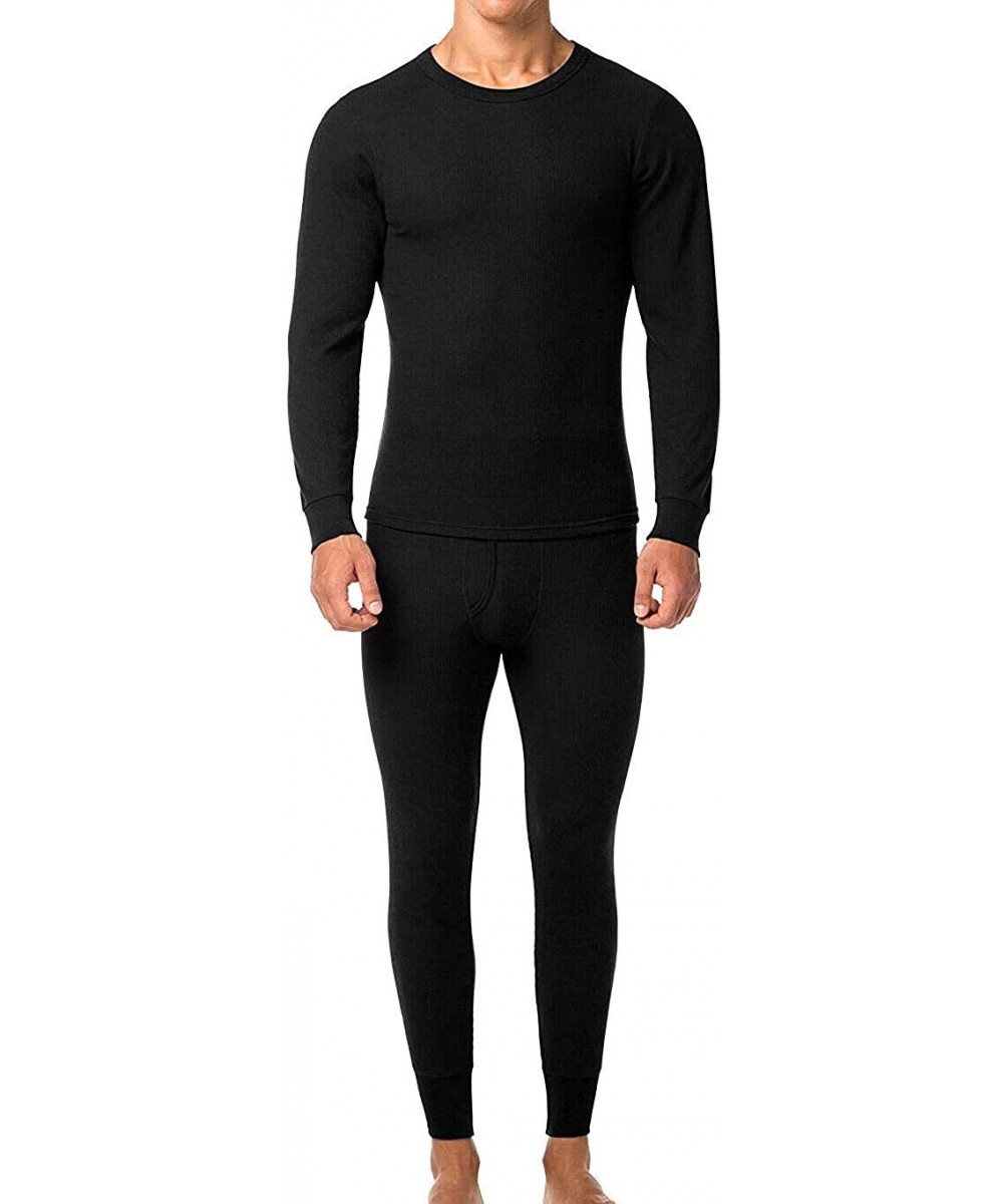 Thermal Underwear Men's Cotton Waffle Knit Thermal Underwear Stretch Shirt & Pants 2pc Set - Black - CN192ULMUH4