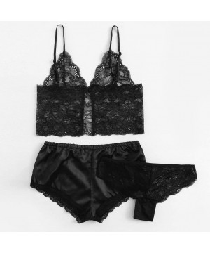 Sets 2020 New Womens Sleepwear Set Sexy Satin Cami and Shorts Lace Pajamas Nightwear 2 3 Piece Set Sleepwear E black - CZ193T...