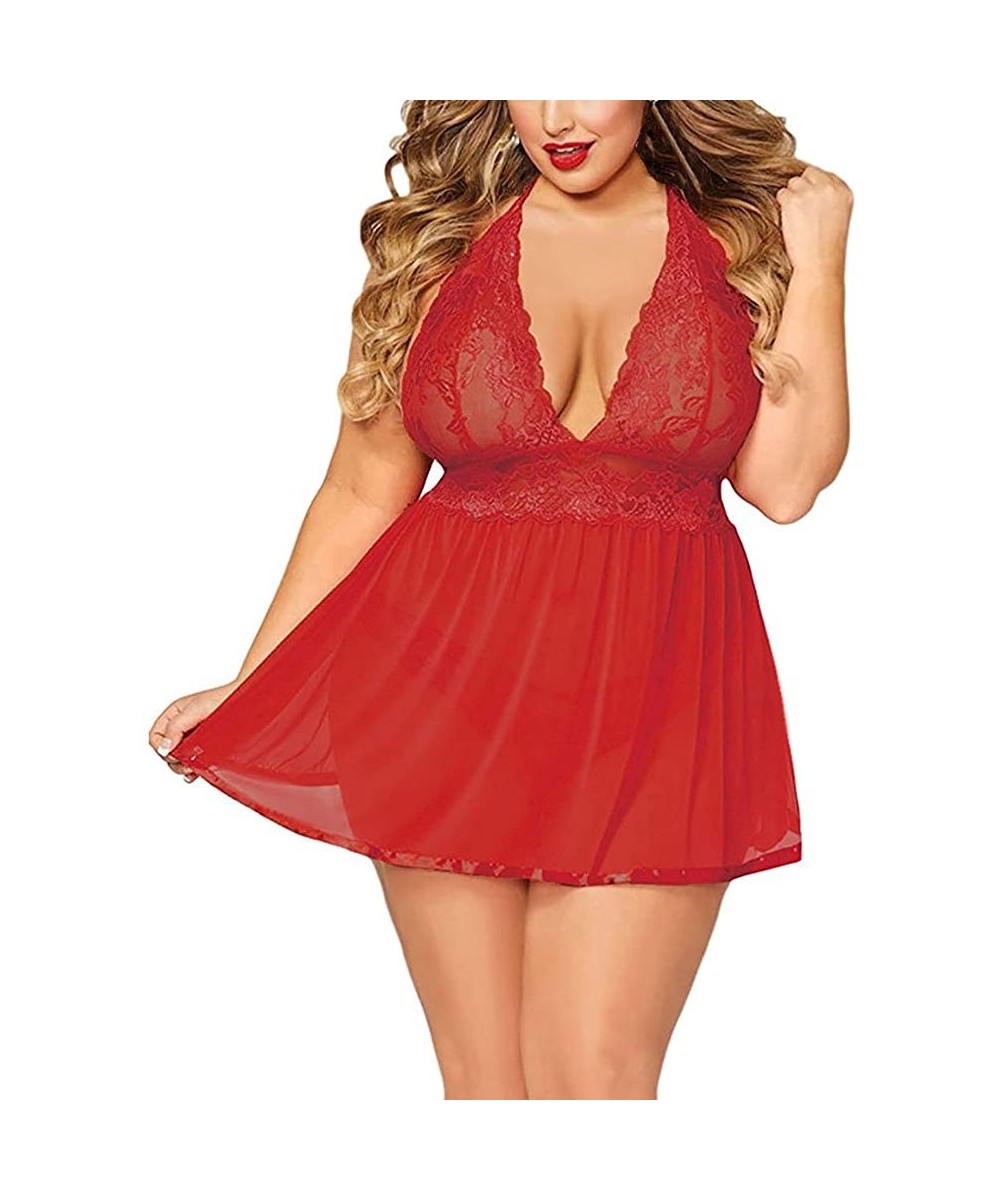 Baby Dolls & Chemises Women's Plus Size Lingeries Open Back Lace Babydoll Sleepwear Deep V Neck Bodysuit + G-String Nightwear...