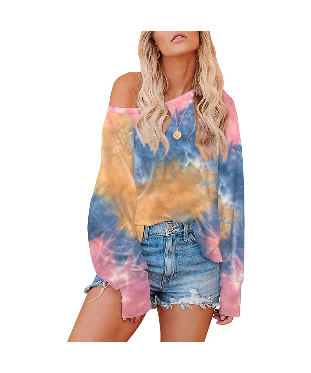 Nightgowns & Sleepshirts Womens Tie Dye Printed Sweatshirts One Shoulder Long Sleeve Round Neck Casual Pajamas Loungewear - O...