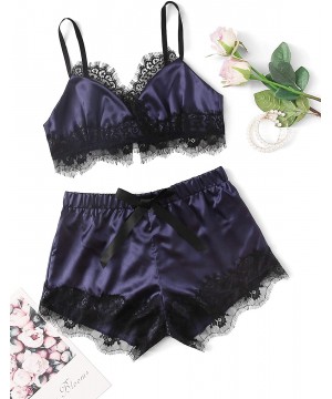 Bras Women's Lace Trim Underwear Lingerie Straps Bralette and Panty Set - Dark Purple - CQ1984AYQG5