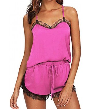 Sets Ladies Camisole Pajama and Shorts Set V Neck Pajama Silky Nightwear Floral Lace Sleepwear - Hot Pink - CP195ZYNEID