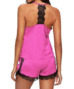 Sets Ladies Camisole Pajama and Shorts Set V Neck Pajama Silky Nightwear Floral Lace Sleepwear - Hot Pink - CP195ZYNEID