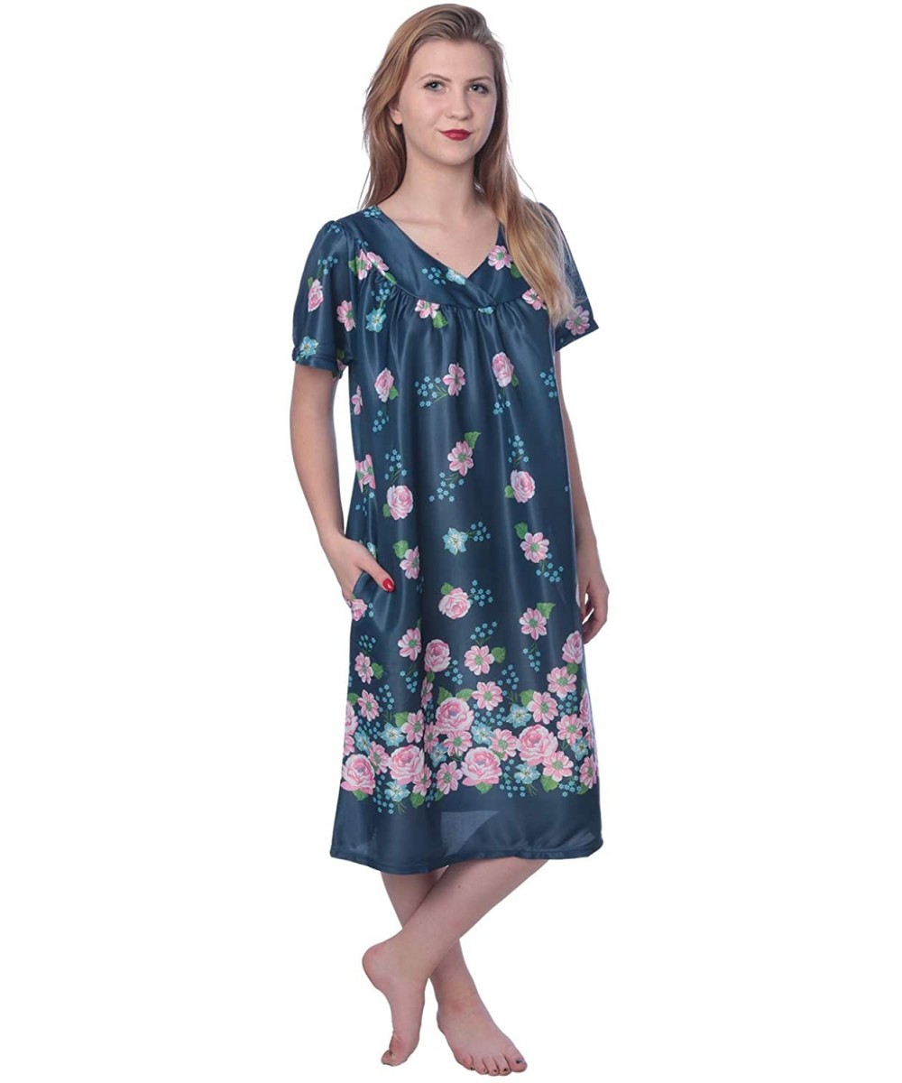 Nightgowns & Sleepshirts Women's Short Sleeve Housecoat Floral Duster Nightgown - V-neck Navy With Prints - CF19G9TQ593