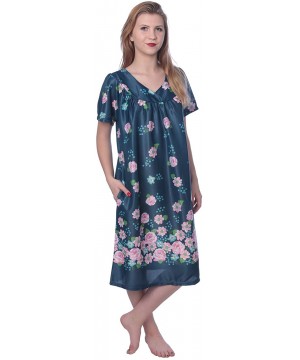 Nightgowns & Sleepshirts Women's Short Sleeve Housecoat Floral Duster Nightgown - V-neck Navy With Prints - CF19G9TQ593