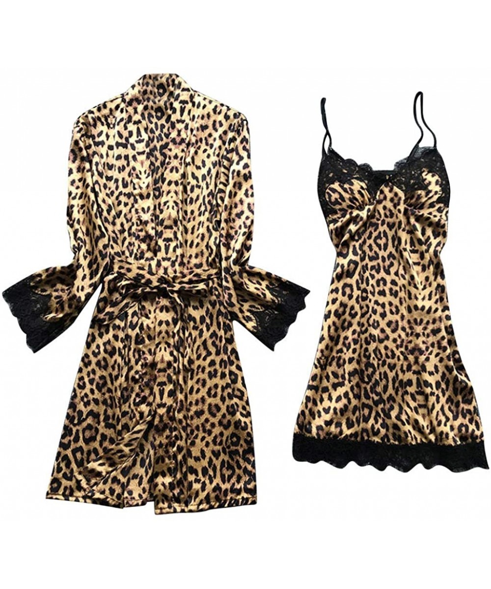 Robes Sexy Pajamas Set for Women 2 Pieces Sleepwear Stylish Leopard Print Kimono Robes Nightgowns Outfit Full Slip Nightwear ...