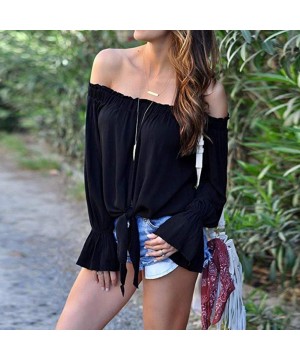 Tops Long Sleeve Shirt for Women Striped Off Shoulder Tie Knot Casual Blouses Tops - Black - CS18GGOTC9Y